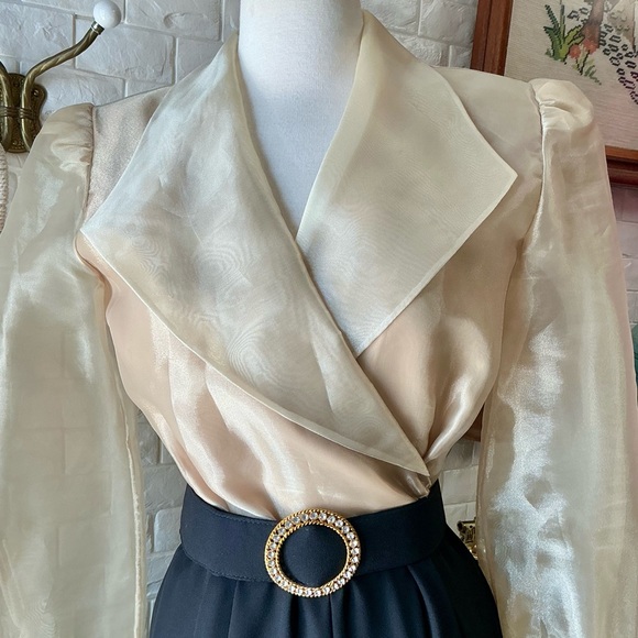 Vintage J.R. Nites by Caliendo Sheer Gold Puff Sleeve Jeweled Belted Jumpsuit - Picture 5 of 16